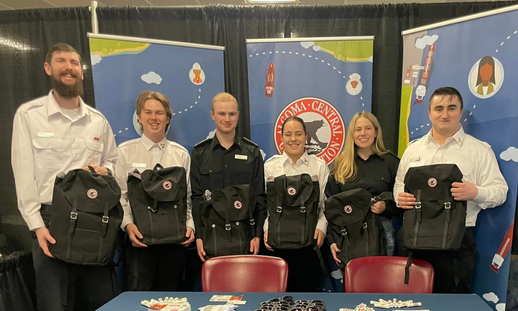 Photo of the 2023 Marine Skills Competition winning team, Fish N Chips. Front Row L-R: Alexis Madore, 1st year Engineering; Kayla Wemp, 3rd year Navigation; Felix Weissbach, 1st year Engineering  Back Row L-R: Boyd MacIntrye, 3rd year Engineering; Justin Pautsch, 1st year Navigation; Missing: Pieter Blok, 1st year Navigation
