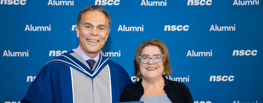 From left to right, a photo of NSCC President Don Bureaux and NSCC alum Judy Lewis at NSCC Ivany Campus' spring convocation.