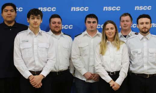Photo of 2024 Marine Skills Competition winning team, Knots and Bolts. From left to right, John Poulette, Bridge Watch Rating; Caleb Vautour, first year engineering; Sean McCarthy, second year engineering; Pieter Blok, second year navigation; Natasha Currie, first year navigation; John Hansen, second year engineering; Ryan MacPherson, first year navigation.