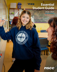 Photograph of a smiling student writing on a whiteboard in a classroom, wearing a navy blue hoodie with "nscc Child & Youth Care Nova Scotia Canada" logo. Text overlay reads "Essential Student Guide 2026-2027" with "nscc" logo in bottom right corner, indicating a guide for students at Nova Scotia Community College.