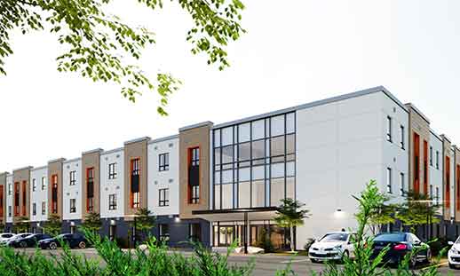 Outdoor image rendering of the new Akerley Campus Housing building.