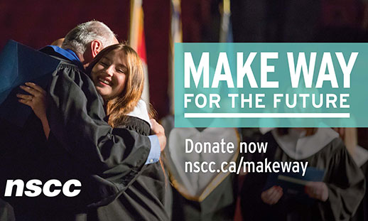 NSCC Make Way postcard featuring an image of woman in grad gown hugging a man also in graduation attire