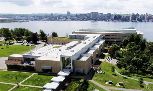 Arial view of campus building on Dartmouth waterfront