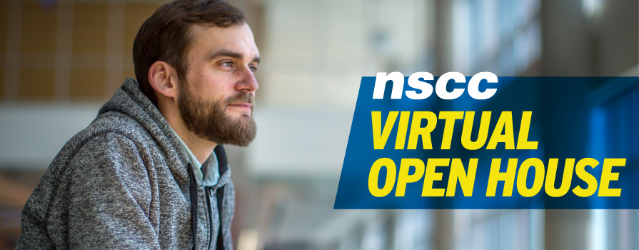 A man in a grey hoodie looks off into the distance. The words, "nscc Virtual Open House" are written on the image.