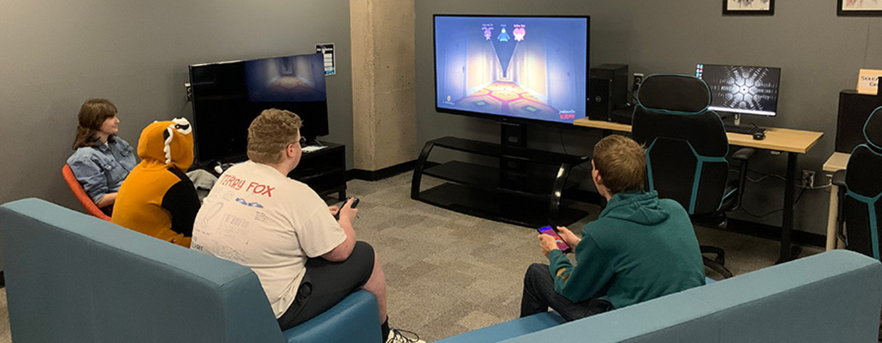 People sitting on couches, playing a video game.
