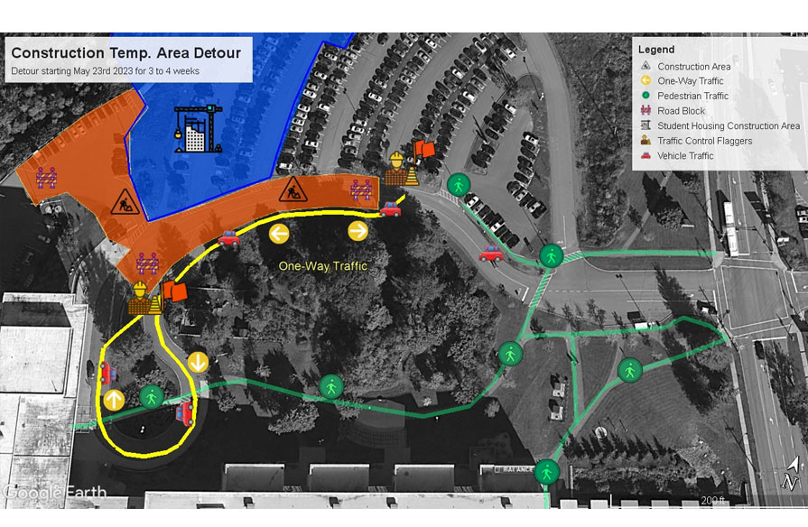 A map of a current construction traffic detour.