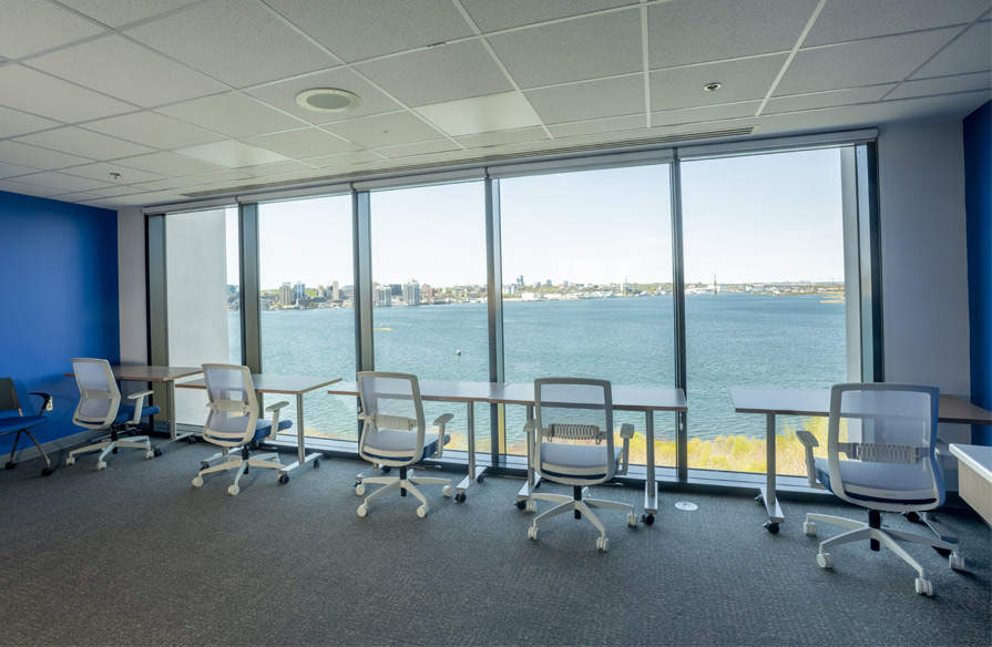 Image shows a common area in Ivany Campus student housing for studying.
