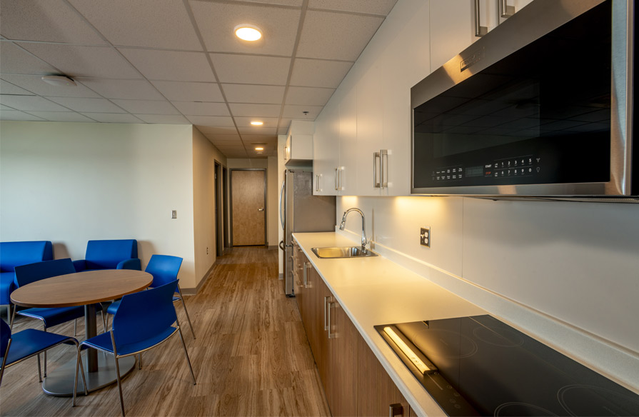 Image shows the kitchen area in a dorm room at Ivany Campus.