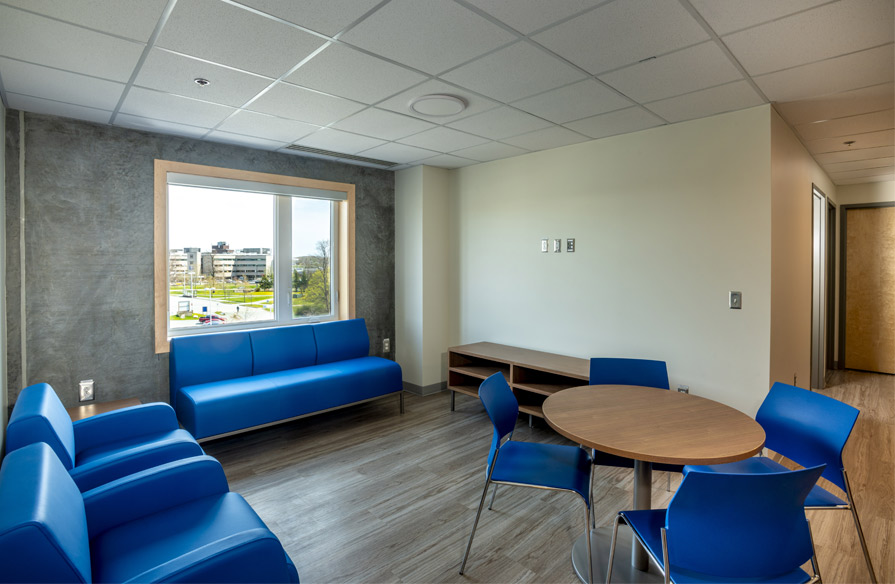 Image shows a seating area in the student housing at Ivany Campus.