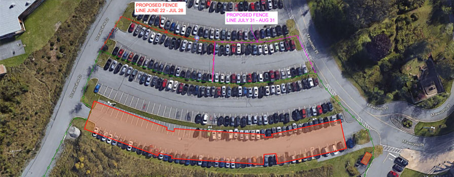 A map of a parking lot shows where a construction site plans to expand to over the summer months.