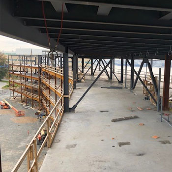 Metal framing of a building under construction.