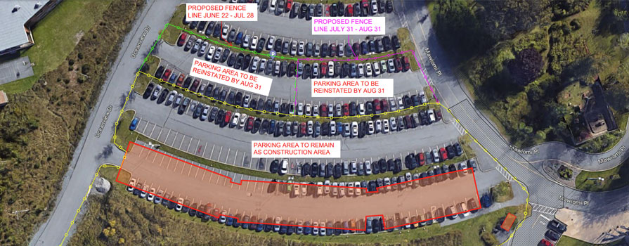 A map of a parking lot has a diagram showing where parking will be limited over the upcoming months.