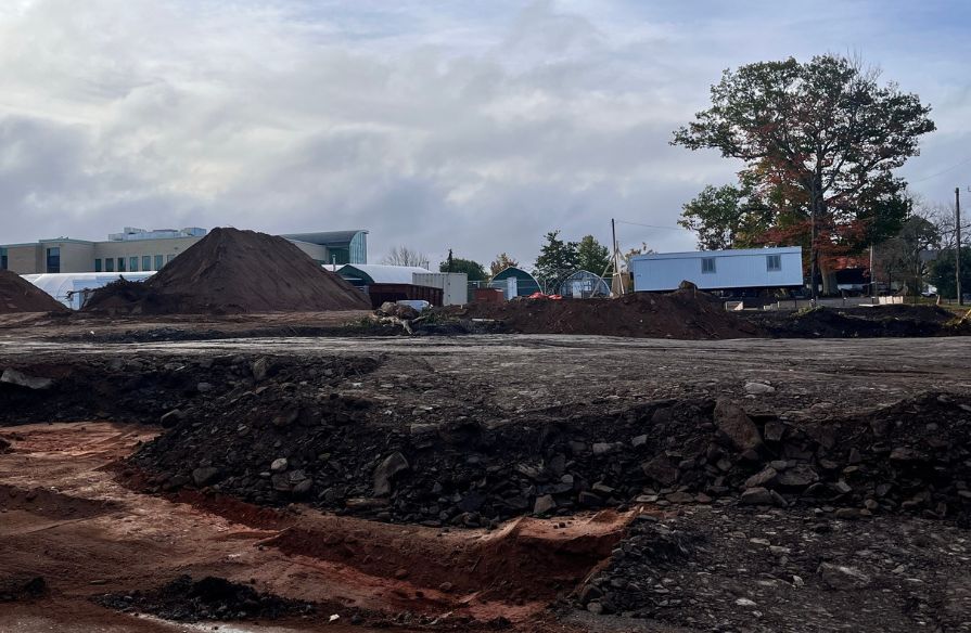 Ground is dug up and piles of dirt are on-site as work begins on NSCC's new student housing at Kingstec Campus.