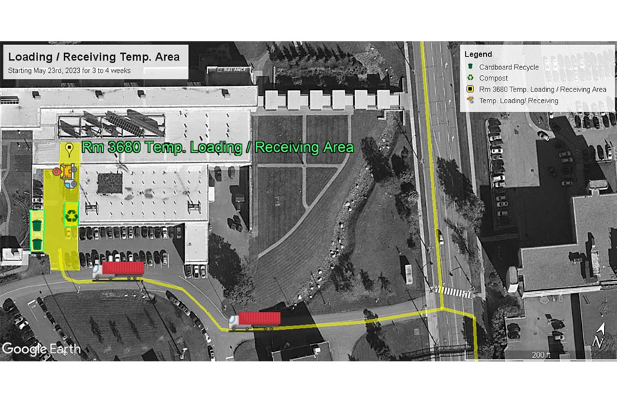 A map of a current construction loading zone detour.