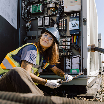 A person wearing a hard hat, protective eyewear and a reflective vest works on a mechanical unit.