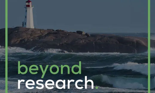 A photo of a lighthouse has text overtop reading 'beyond research.'