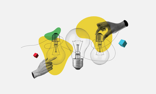 An image shows two hands holding lightbulbs. The background is white with yellow, red and green designs throughout.