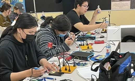Indigenous youth from Unama'ki P-TECH participating in a STEM program delivered by Ulnooweg Education Centre in Eskasoni First Nation on May 28, 2022. The program is a partnership between the Mi'kmaw Economic Benefits Office, Mi'kmaw Kina'matnewey, the Nova Scotia Community College and IBM. 