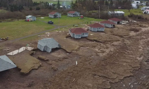 The team at NSCC looked at the storm surge in Brule, N.S., which knocked these cottages off their foundations and pushed them back. (NSCC Applied Geomatics Research Group)