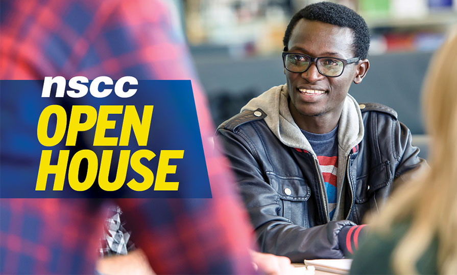 A man in a leather coat and glasses looks at a largely unseen person in a plaid shirt. The words "nscc Open House" are written over the image.