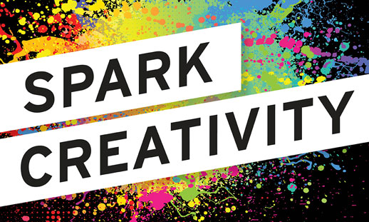 A black background has a spray paint design and reads "Spark Creativity."