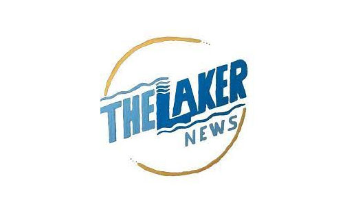 A white background with a gold circle reads 'The Laker News' in blue font with blue waves underneath the text.