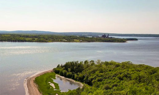 Photo of water, trees and a coastline in Nova Scotia. 
