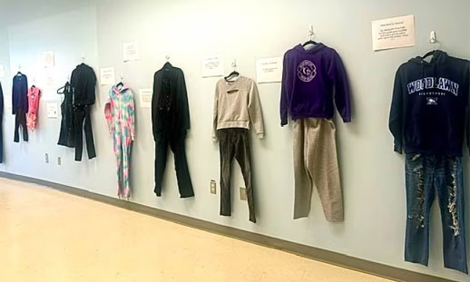 Image shows 11 outfits hung on a wall for an exhibit.