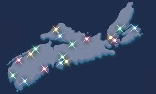 A graphic design of the map of Nova Scotia. Holiday lights mark the locations of NSCC campuses.