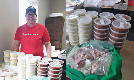 Three photos are shown. In the first, a woman in a red t-shirt and hat stands behind stacks of full food containers. In the second, the food containers are shown close up, with other food items also shown in small bags.
