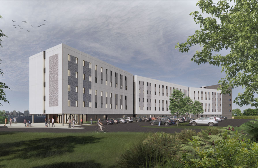 A rendering of NSCC Ivany Campus's Student Housing Facility is pictured. This view is from Mawio'mi Place.