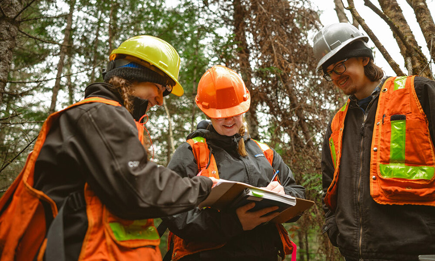 Three people in the woods wearing hard hats and reflective gear looking at a clipboard.