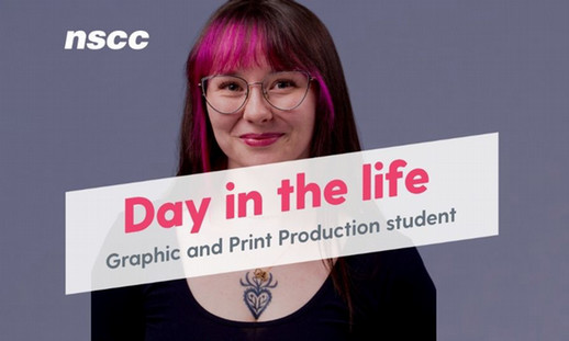 Image shows a female with black and pink hair with text that reads: Day in the life - Graphic and Print Production student.