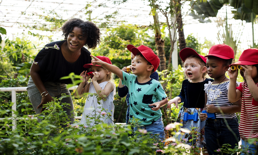 An early childhood educator teaches 6 small children about plants in a greenhouse setting.