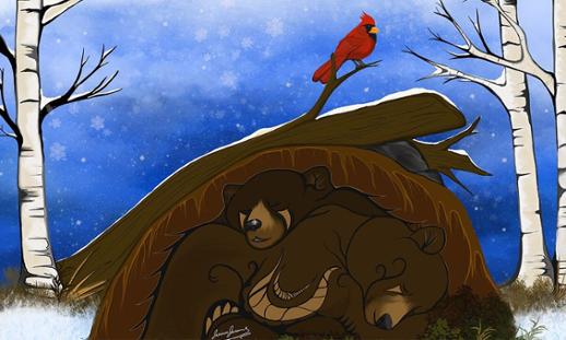 Two bears are hibernating in a winter scene with a red cardinal.