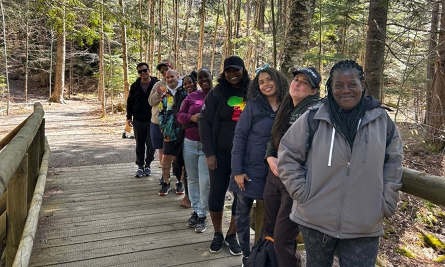 Nine people are standing on a bridge in the woods. 