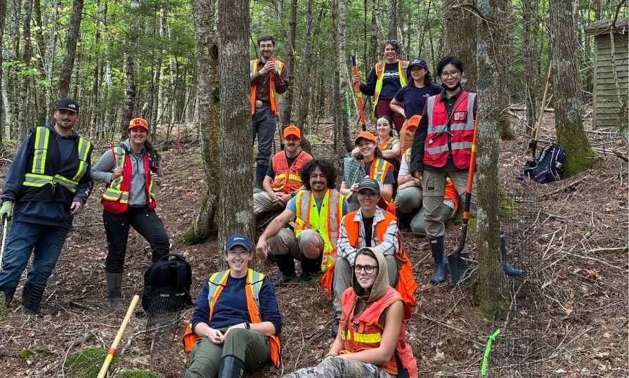 NSCC NRET students wearing orange safety vests during a field learning activity in a forest.