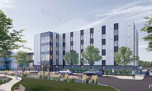 Outside image of the new Pictou Campus Housing building in rendering form.