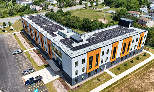Outdoor aerial image of the new Akerley Campus Housing building. 