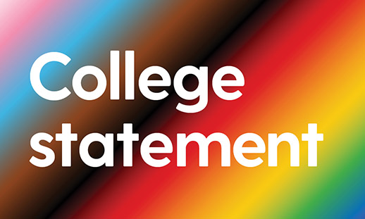 Pride flag with College Statement written on top.