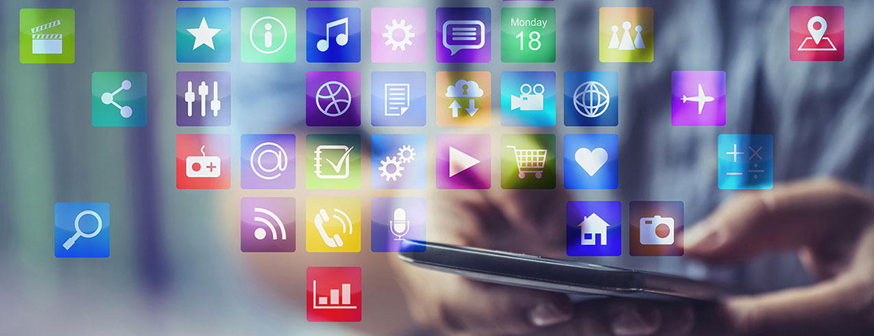 Image of a home screen and the icons for over 20 various apps all with different colours and logos that would be part of the work for someone in the Full Stack Application Development program.