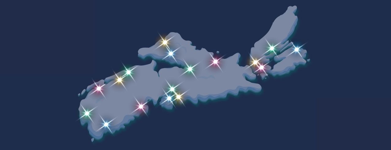A designed image of the map of Nova Scotia. Holiday-inspired lights mark the locations of NSCC campuses across the province.