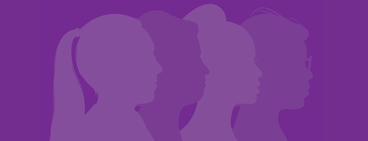 A purple graphic designed image of 4 silhouettes of women's faces in different shades of purple.