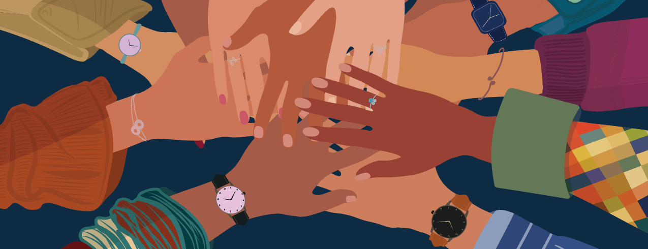 An illustration of multiple hands stacked on top of each other.