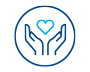 An icon depicting two hands holding a hovering heart symbol inside of a circular border.