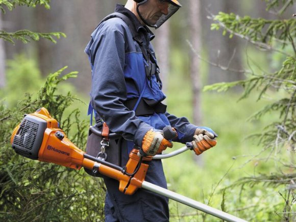 A man in the forest wearing appropriate gear and clothing operating an orange thinning saw.