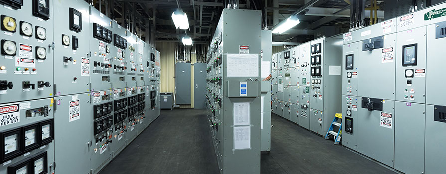 Equipment in the engine control room of a large marine vessel.
