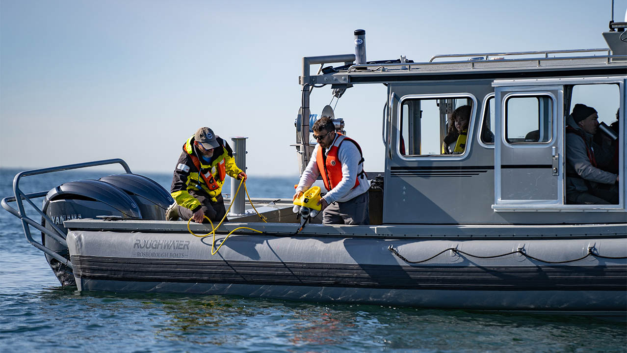 Four people on a boat wearing life jackets and placing research equipment attached to a rope in the water.