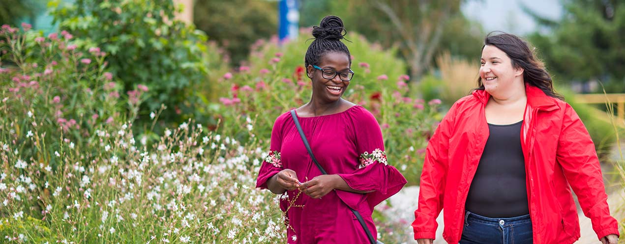Three students stand with their arms around one another's shoulders while they smile and laugh.