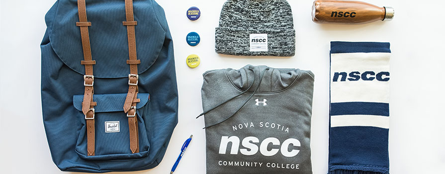Images of NSCC swag including hat, backpack and other gear.